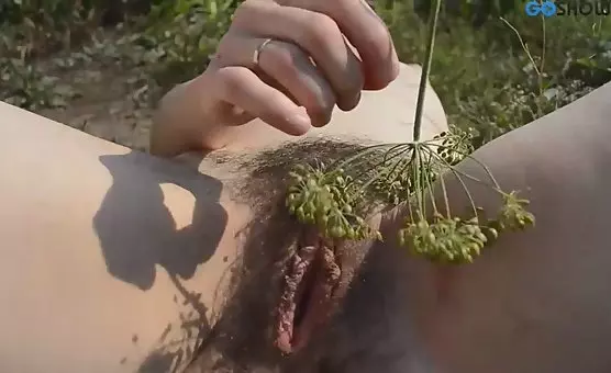 Outdoor Hairy Cunt Fucking with a Cucumber